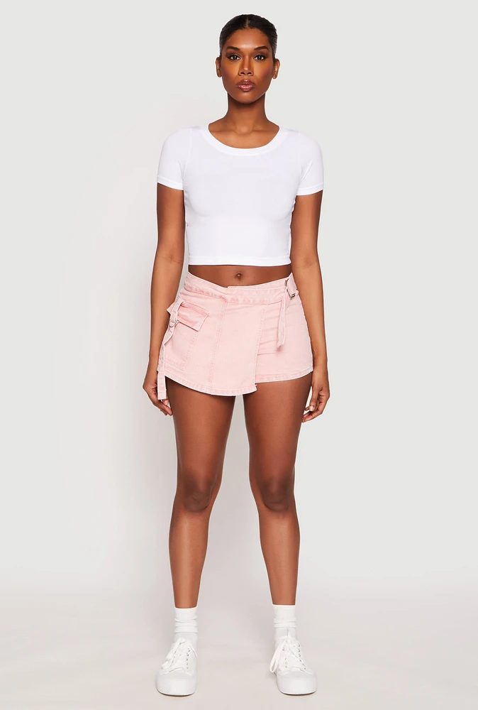 Womens VIP Acid Wash Denim Cargo Skort, Pink, Size S