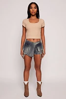 Womens VIP Denim Asymmetrical Wrap Front Cargo Skort, Blue,