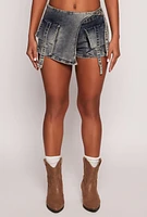 Womens VIP Denim Asymmetrical Wrap Front Cargo Skort, Blue,