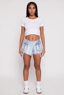 Womens VIP Denim Asymmetrical Wrap Front Cargo Skort, Blue,
