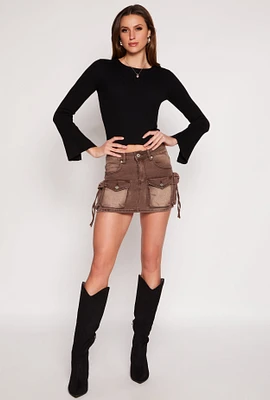 Womens VIP Denim Acid Wash Mini Cargo Skirt, Brown, Size M