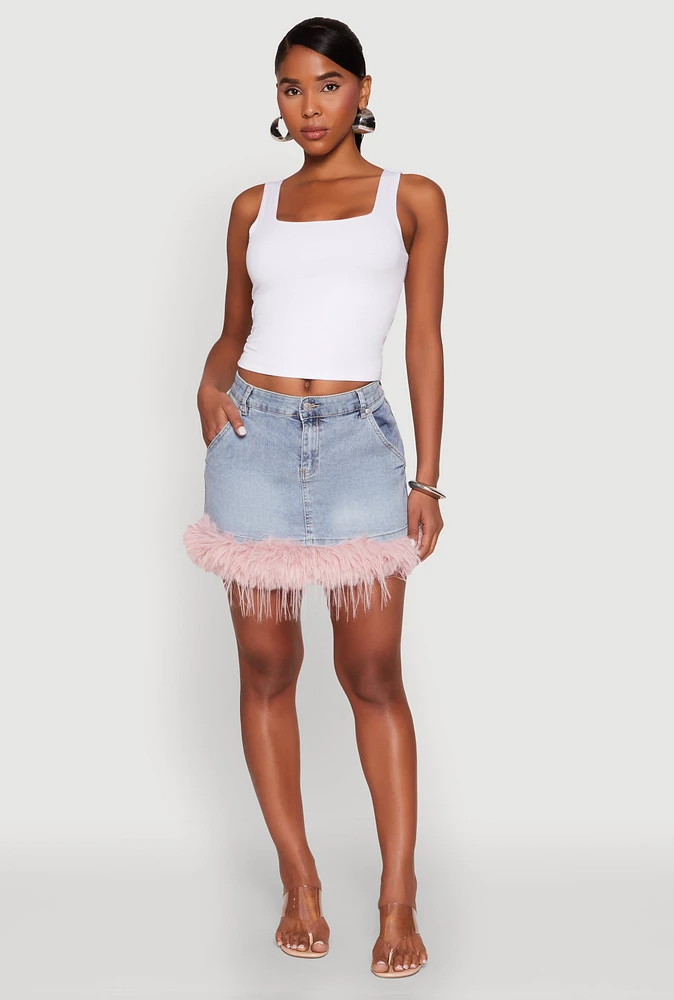 Womens Almost Famous Faux Fur Trim Denim Mini Skirt, Blue, Size L