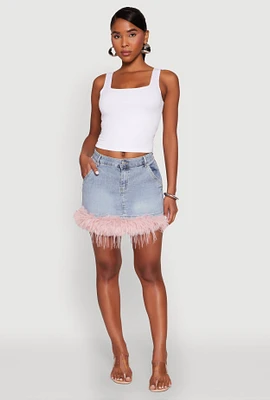 Womens Almost Famous Faux Fur Trim Denim Mini Skirt, Blue, Size L
