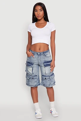 Womens Spoon Jeans Multi Pocket Cargo Denim Shorts, Blue, Size M