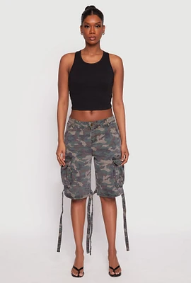 Womens Denim Cargo Bermuda Skater Shorts, Green, Size M
