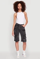 Womens Daisy Acid Wash Raw Hem Utility Bermuda Shorts,