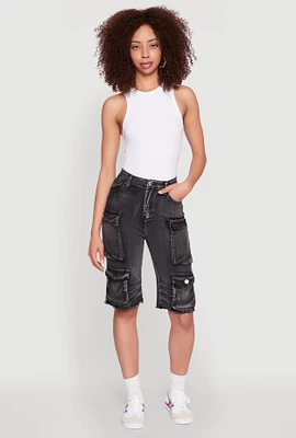 Womens Daisy Acid Wash Raw Hem Utility Bermuda Shorts,