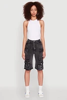 Womens Daisy Acid Wash Raw Hem Utility Bermuda Shorts,
