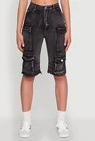 Womens Daisy Acid Wash Raw Hem Utility Bermuda Shorts,