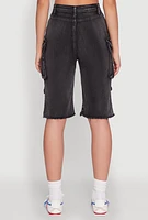 Womens Daisy Acid Wash Raw Hem Utility Bermuda Shorts,