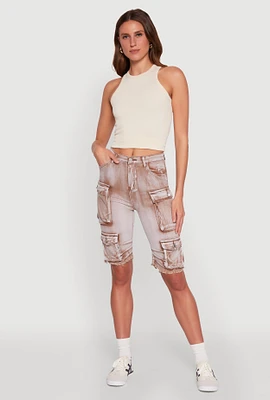 Womens Daisy Acid Wash Raw Hem Utility Bermuda Shorts,
