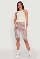 Womens Daisy Acid Wash Raw Hem Utility Bermuda Shorts,