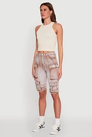 Womens Daisy Acid Wash Raw Hem Utility Bermuda Shorts,