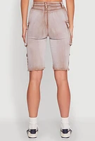 Womens Daisy Acid Wash Raw Hem Utility Bermuda Shorts,