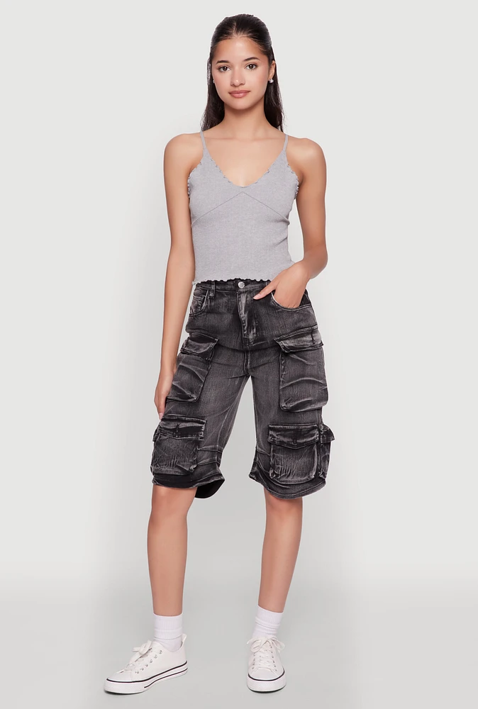 Womens Daisy Trendy Mineral Wash High Waisted Denim Cargo Shorts,