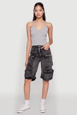 Womens Daisy Trendy Mineral Wash High Waisted Denim Cargo Shorts,