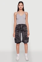 Womens Daisy Trendy Mineral Wash High Waisted Denim Cargo Shorts,