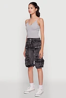 Womens Daisy Trendy Mineral Wash High Waisted Denim Cargo Shorts,