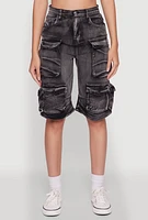 Womens Daisy Trendy Mineral Wash High Waisted Denim Cargo Shorts,