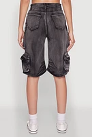 Womens Daisy Trendy Mineral Wash High Waisted Denim Cargo Shorts,