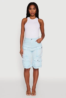 Womens Daisy Trendy Mineral Wash High Waisted Denim Cargo Shorts,