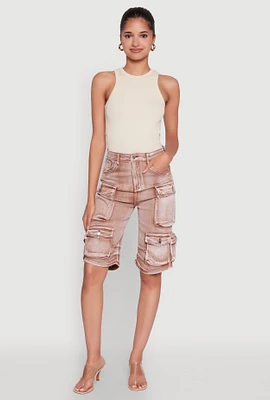 Womens Daisy Trendy Mineral Wash High Waisted Denim Cargo Shorts,