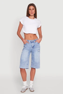 Womens WAX Distressed Raw Hem Jorts, Blue, Size M