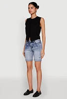 Womens WAX Fixed Cuff Denim Bermuda Shorts, Blue,
