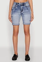 Womens WAX Fixed Cuff Denim Bermuda Shorts, Blue,