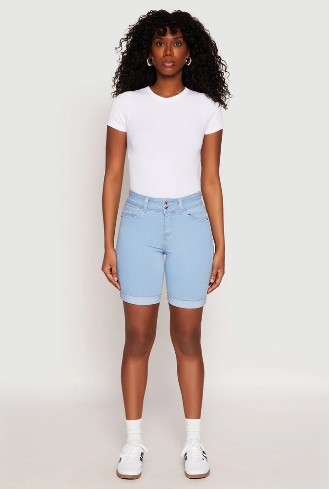 Womens WAX Fixed Cuff Bermuda Denim Shorts, Blue,