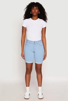 Womens WAX Fixed Cuff Bermuda Denim Shorts, Blue,