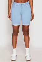Womens WAX Fixed Cuff Bermuda Denim Shorts, Blue,