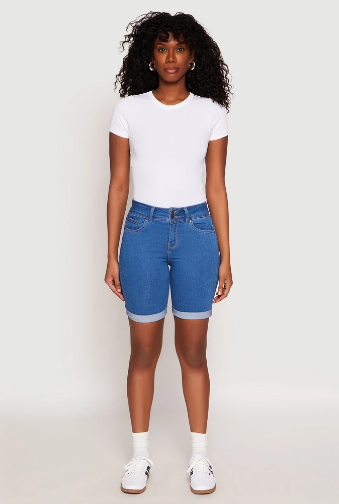 Womens WAX Fixed Cuff Bermuda Denim Shorts, Blue, Size L