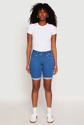 Womens WAX Fixed Cuff Bermuda Denim Shorts, Blue, Size L