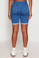 Womens WAX Fixed Cuff Bermuda Denim Shorts, Blue,