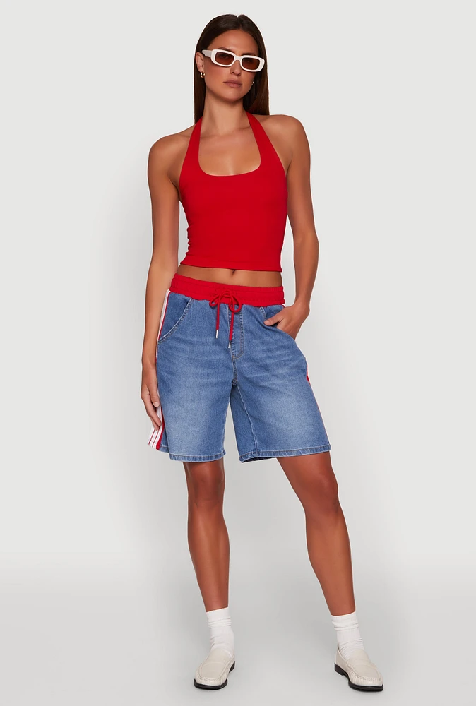Womens Almost Famous Varsity Stripe Side Waistband Jorts, Blue, Size XL