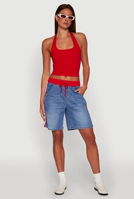 Womens Almost Famous Varsity Stripe Side Waistband Jorts, Blue, Size XL