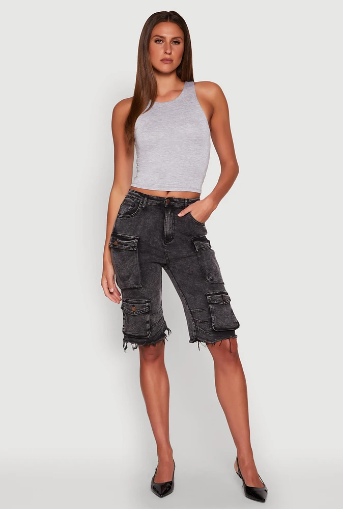 Womens Daisy Denim Cargo Bermuda Shorts, Black,