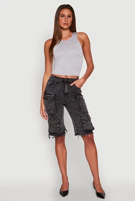 Womens Daisy Denim Cargo Bermuda Shorts, Black,