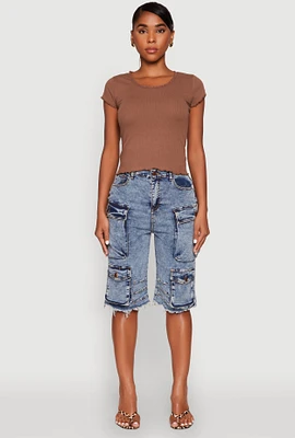 Womens Daisy Denim Cargo Bermuda Shorts, Blue, Size L