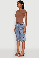 Womens Daisy Denim Cargo Bermuda Shorts, Blue, Size L