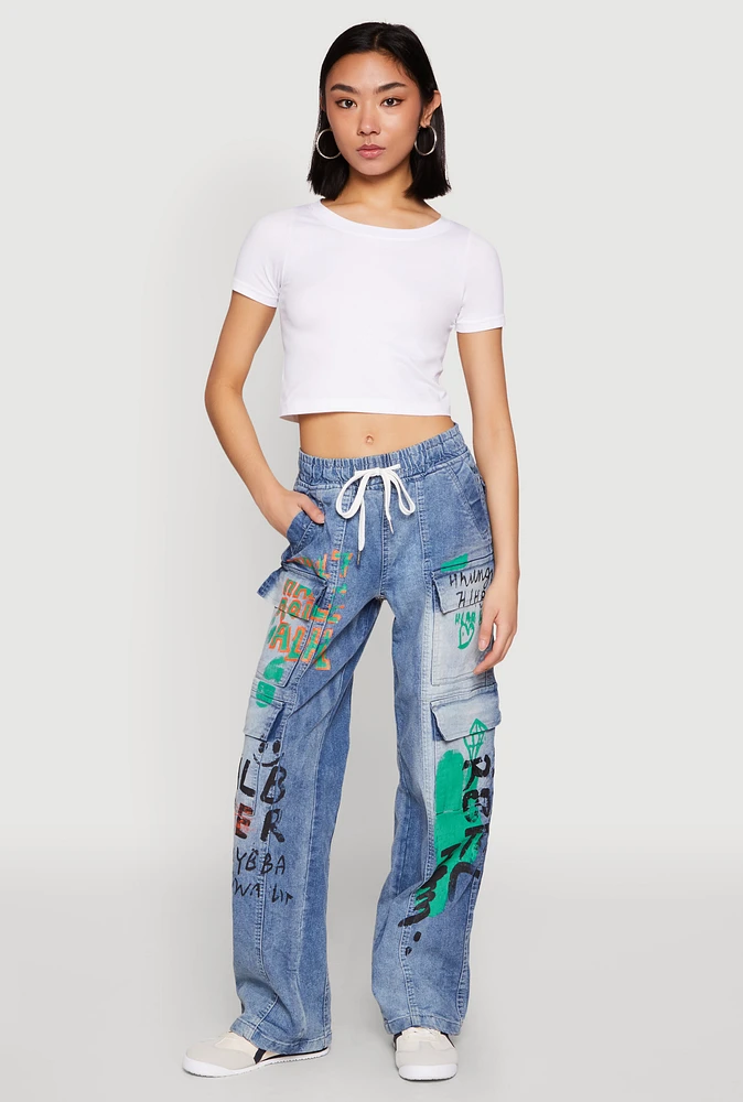 Womens Spoon Jeans Graffiti Print Denim Cargo Pants, Blue, Size S