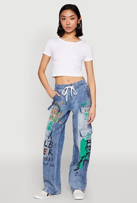 Womens Spoon Jeans Graffiti Print Denim Cargo Pants, Blue, Size S