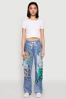 Womens Spoon Jeans Graffiti Print Denim Cargo Pants, Blue, Size S