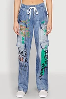Womens Spoon Jeans Graffiti Print Denim Cargo Pants, Blue, Size S