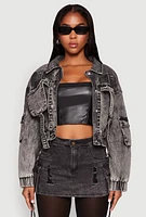 Womens Mineral Wash Cargo Denim Jacket, Black, Size S
