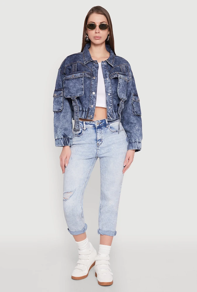Womens Mineral Wash Cargo Denim Jacket, Blue, Size M