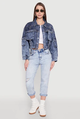 Womens Mineral Wash Cargo Denim Jacket, Blue, Size M