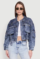 Womens Mineral Wash Cargo Denim Jacket, Blue, Size M
