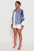 Womens Daisy Cable Knit Graphic Sleeve Denim Jacket, Blue, Size L